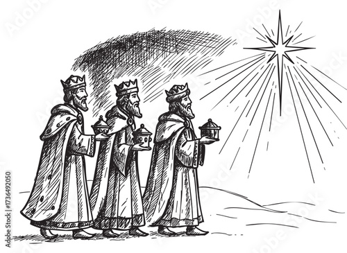 Three wise men journey: traditional depiction of biblical magi following star – retro hand drawn illustration