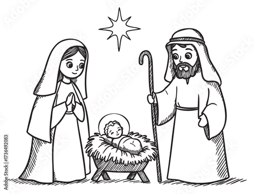 Nativity scene with holy family and star in black and white line art – retro hand drawn illustration