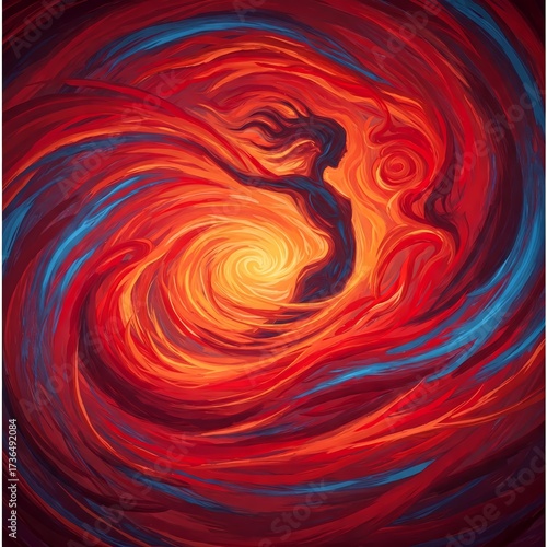 Abstract painting of a woman's silhouette in a vortex of fire and energy.
