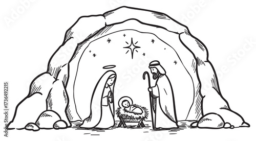 Nativity scene: mary, joseph, and baby jesus in manger with starry night in stable – retro hand drawn illustration