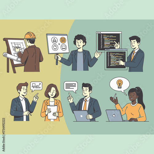 Collection of diverse professionals working in business, technology, and creative fields. Vector illustration of teamwork, development, and innovation concepts
