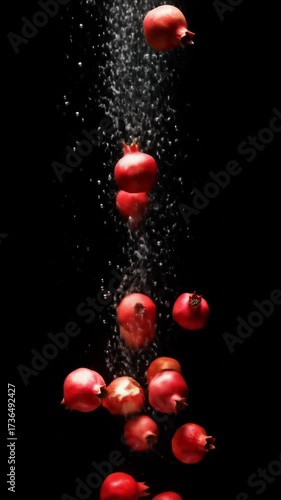 Red pomegranates appear to fall or float within a stream of water, against a black background