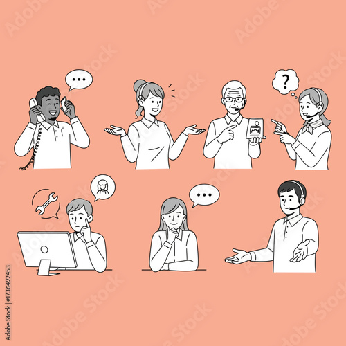 A diverse set of hand-drawn illustrations depicting customer service agents and clients in various communication and technical support scenarios