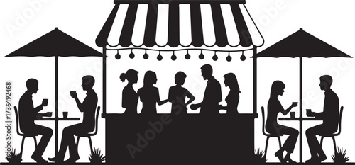 Silhouettes of people at outdoor cafe tables under umbrellas and awning