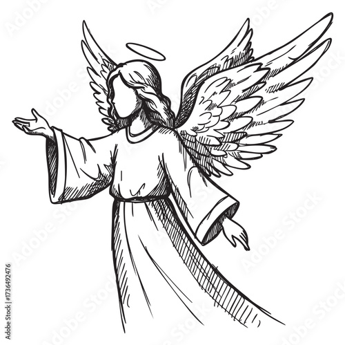 Hand-drawn angelic figure with wings and halo in flowing robe – retro hand drawn illustration