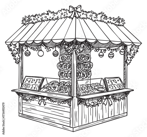 Hand-drawn festive market stall displaying pastries and holiday decorations – retro hand drawn illustration