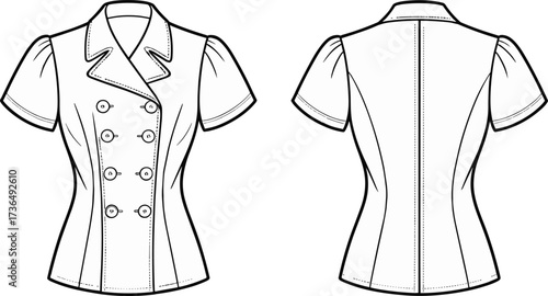 Elegant short sleeve double-breasted women’s blouse flat fashion vector illustration with collar, buttons, and fitted waist technical garment design