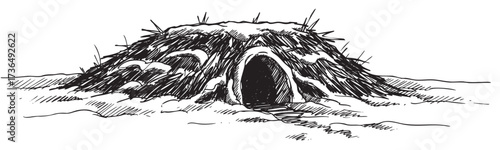 Traditional igloo in snowy landscape: arctic winter shelter illustration – retro hand drawn illustration