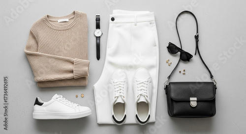 Flat lay of stylish womens outfit with accessories on light gray surface