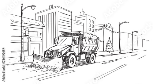 Snowplow clearing quiet urban street with snow, sketched winter cityscape – retro hand drawn illustration