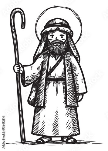 Black and white drawing of biblical shepherd with staff and robes – retro hand drawn illustration