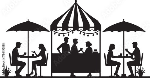 Silhouettes of people at outdoor cafe tables under umbrellas and a striped tent