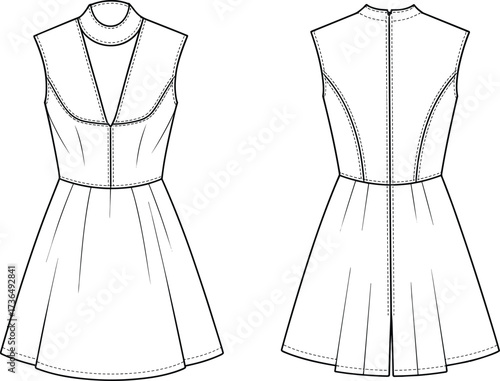Elegant sleeveless dress flat fashion vector illustration with fitted bodice, deep neckline, pleated skirt and technical garment drawing template