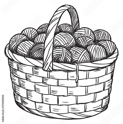 Basket of colorful yarn balls for knitting and crafts – retro hand drawn illustration