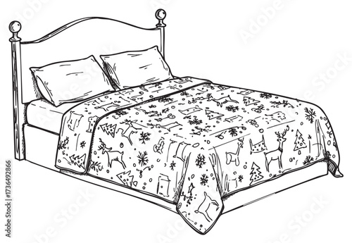 Cozy bed with festive blanket featuring christmas reindeer and tree patterns – retro hand drawn illustration