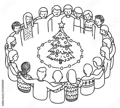 Diverse group of people celebrating christmas around decorated tree in a circle – retro hand drawn illustration