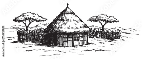 Traditional african hut in rural landscape with trees and fenced area – retro hand drawn illustration