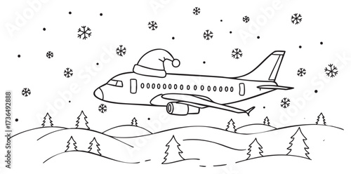 Airplane with santa hat in winter wonderland with snowflakes and pine trees – retro hand drawn illustration
