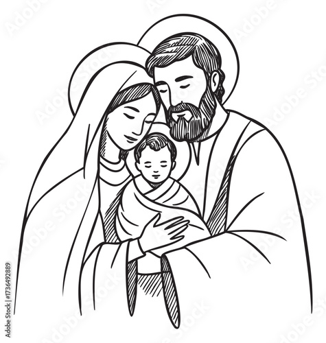 Line drawing of holy family with infant child: religious artwork depicting jesus, mary, and joseph – retro hand drawn illustration
