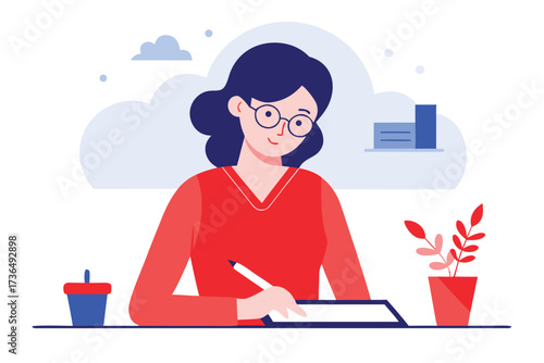 Illustration of Woman Drawing on a Tablet With Stylus at Desk With Plant