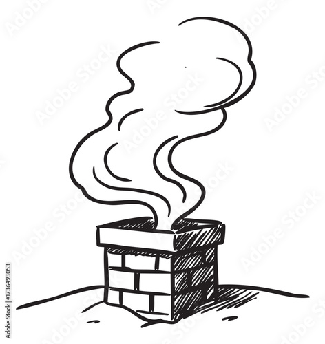Sketch of a smoking brick chimney in black and white with billowing smoke – retro hand drawn illustration