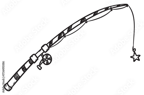Black and white sketch of a fishing rod with star-shaped hook – retro hand drawn illustration