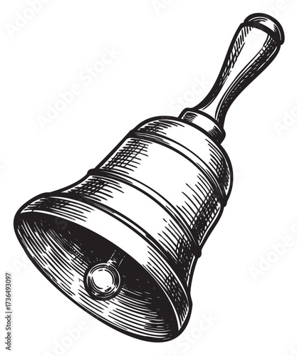 Vintage handbell drawing with detailed handle and clapper in black and white – retro hand drawn illustration