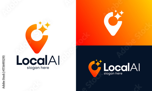 Generative Ai logo design. Pin point icon with magic sparkle stars graphic design. Location symbols. Artificial intelligence symbol icon element for app and web