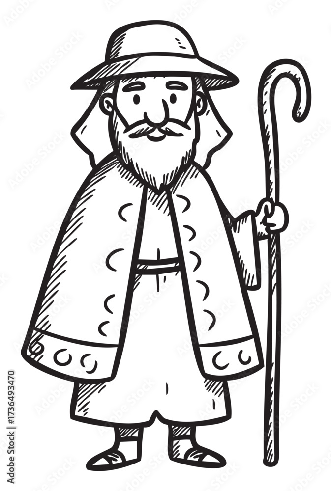 Obraz premium Cartoon shepherd illustration with bearded man holding staff in traditional clothing – retro hand drawn illustration