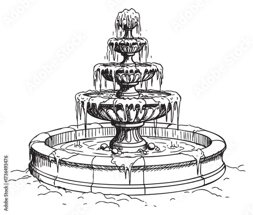 Hand-drawn three-tier water fountain with ice accumulation in winter scene – retro hand drawn illustration