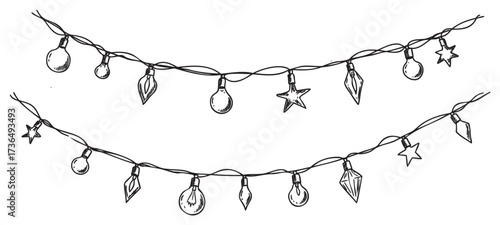 Hand-drawn christmas lights garland with various bulb shapes – retro hand drawn illustration