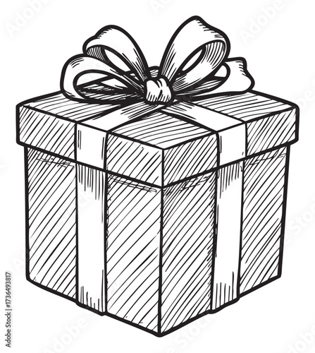 Monochrome sketch of a gift box with ribbon bow in crosshatch style – retro hand drawn illustration