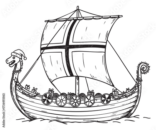 Festive viking longship with holiday gifts and sail in black and white – retro hand drawn illustration