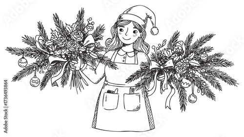 Young female caucasian florist with holiday bouquets wearing santa hat – retro hand drawn illustration