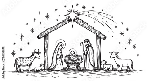 Nativity scene with baby jesus, mary, joseph, animals, and star – retro hand drawn illustration