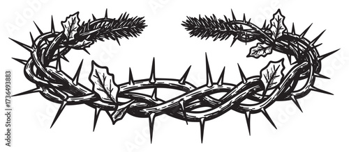 Crown of thorns illustration with leaves and branches – retro hand drawn illustration