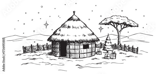 Rural african landscape with hut, gifts, and starry night – retro hand drawn illustration