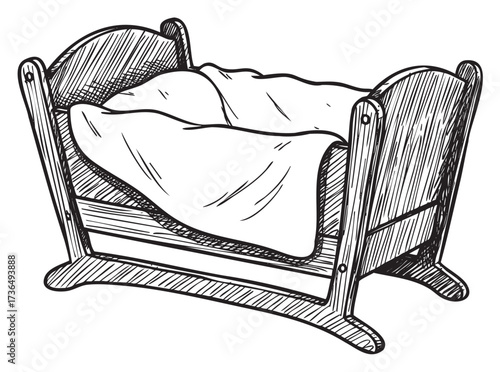 Hand-drawn wooden baby cradle with blanket – retro hand drawn illustration