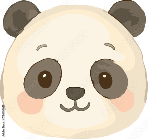 A cute cartoon panda face illustration with big round eyes, rosy cheeks, and a friendly smile in a kawaii style.