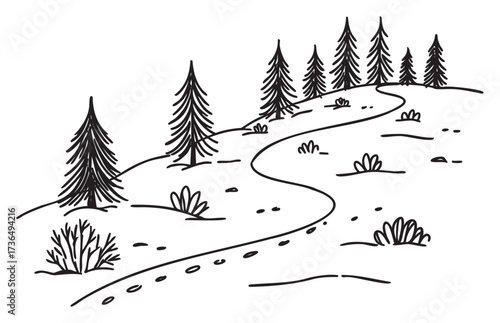 Black and white mountain landscape with pine trees and footprints on snowy path – retro hand drawn illustration