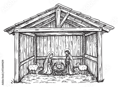 Nativity scene with mary, joseph, baby jesus, and sheep in rustic manger setting – retro hand drawn illustration