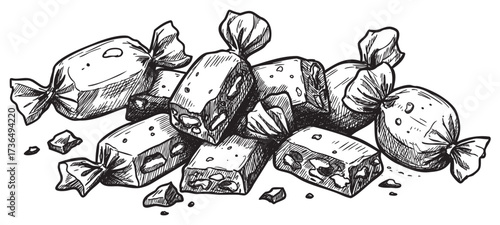 Hand-drawn taffy and nougat candies with nuts sketch – retro hand drawn illustration