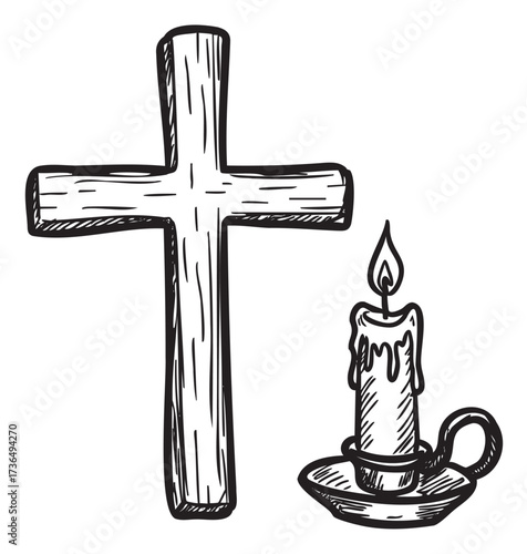 Wooden cross and lit candle sketch in black and white – retro hand drawn illustration