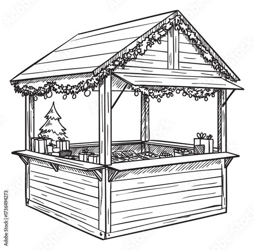 Festive holiday market stall with decorations and gifts – retro hand drawn illustration