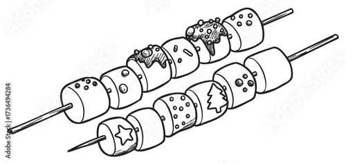 Skewered marshmallows with decorative patterns and icing – retro hand drawn illustration