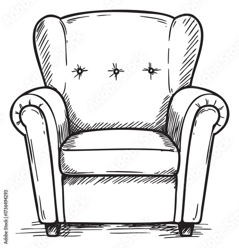 Hand-drawn sketch of a classic armchair with button details and rolled arms – retro hand drawn illustration