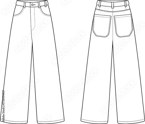 Fashion flat sketch of straight wide leg jeans with waistband, front and back pockets, technical clothing vector illustration template