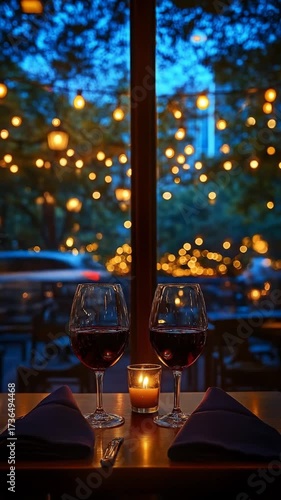 Romantic dinner setting, wine glasses and candle on a table, with blurred string lights outside