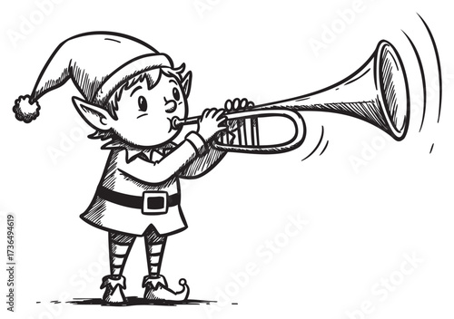 Festive cartoon elf playing trumpet in santa hat – retro hand drawn illustration