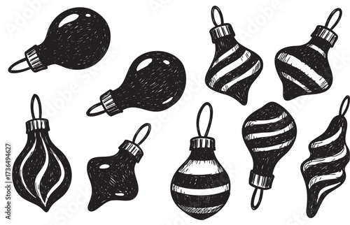 Hand-drawn christmas ornaments collection: vintage style baubles with stripes and patterns – retro hand drawn illustration